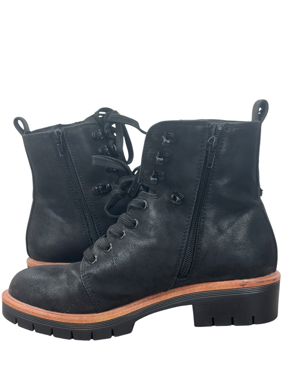 MIA River Black Combat Boots Women's Size 7.5M Lace-Up Side Zip Lug Sole Shoes